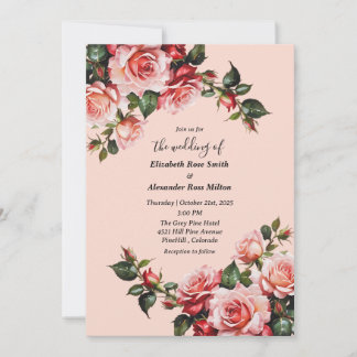 Elegante rosa und rote Rosen Blumenhochzeit Einladung