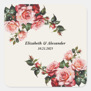 Elegante rosa und rote Rosen Blumenhochzeit Quadratischer Aufkleber