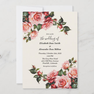 Elegante Rosa und rote Rosen Hochzeit mit Blumenbe Einladung
