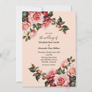 Elegante Rosa und rote Rosen Hochzeit mit Blumenbe Einladung