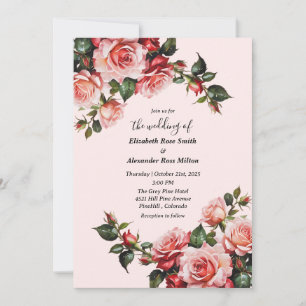 Elegante Rosa und rote Rosen Hochzeit mit Blumenbe Einladung