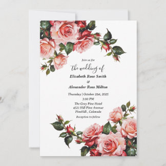 Elegante Rosa und rote Rosen Hochzeit mit Blumenbe Einladung