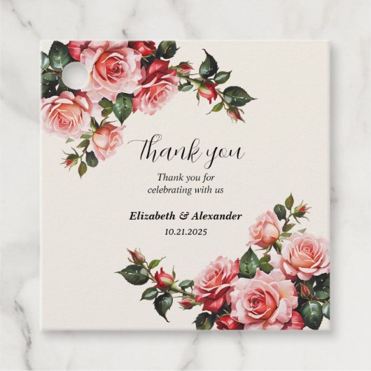Elegante Rosa und rote Rosen Hochzeit mit Blumenbe Geschenkanhänger (Vorderseite)