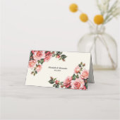 Elegante Rosa und rote Rosen Hochzeit mit Blumenbe Platzkarte (Rückseite)