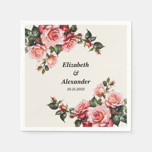 Elegante Rosa und rote Rosen Hochzeit mit Blumenbe Serviette (Vorderseite)