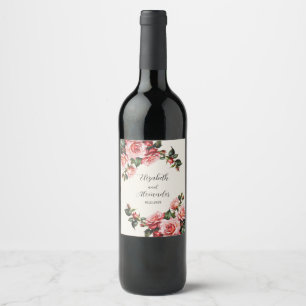 Elegante Rosa und rote Rosen Hochzeit mit Blumenbe Weinetikett