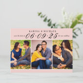 Elegante Rosa- und Schwarz-Hochzeit-FotoCollage Save The Date (Stehend Vorderseite)