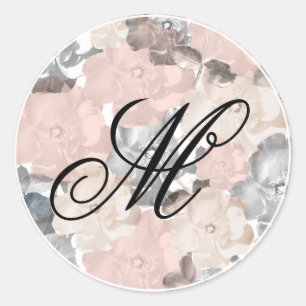 Elegante rosa und schwarze Rosen-Monogramm-Schrift Runder Aufkleber