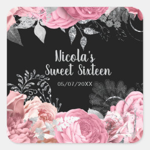 Elegante rosa und silberne Blumen Sweet Sixteen Quadratischer Aufkleber