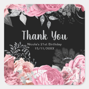 Elegante rosa und silberne Blumen Sweet Sixteen  Quadratischer Aufkleber