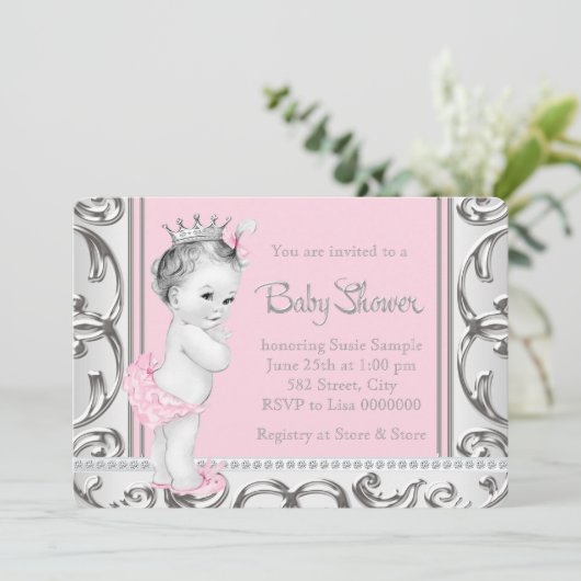 Elegante Rosa und Silver Baby Dusche Einladung (Stehend Vorderseite)