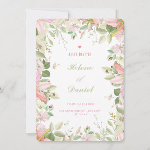 Elegante rosa und weiße Blumen - Französische Einl Einladung