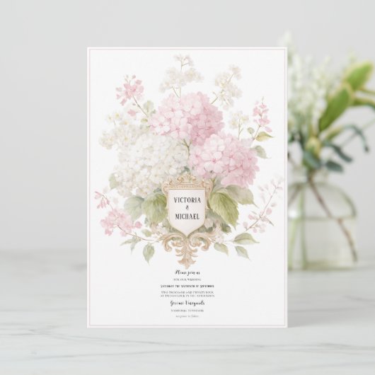 Elegante rosa und weiße Hortensien Goldene Hochzei Einladung (Stehend Vorderseite)