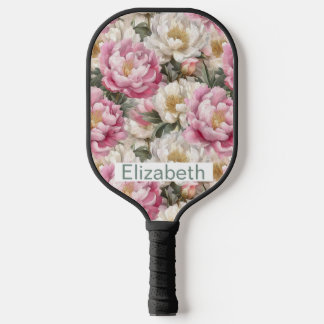 Elegante rosa und weiße Pfingstrose personalisiert Pickleball Schläger