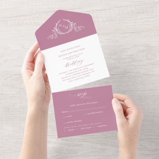 Elegante Rosa- und Weißmonographie All In One Einladung (Abreißen)