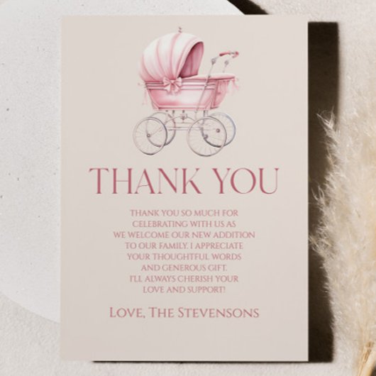 Elegante, rosa Vintage Baby Carriage Baby Shower Dankeskarte