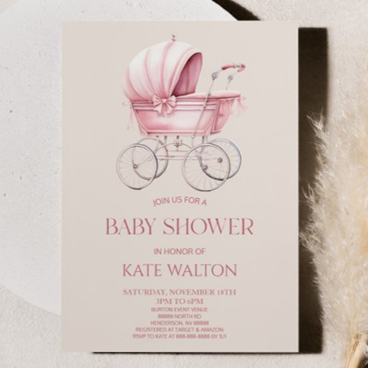 Elegante, rosa Vintage Baby Carriage Baby Shower Einladung