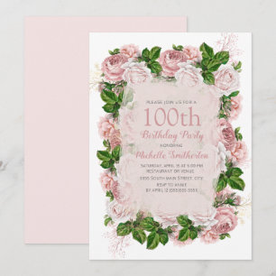 Elegante rosa Vintage-Blumen 100. Geburtstagsfeier Einladung
