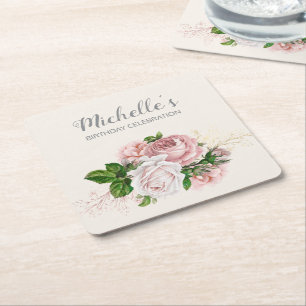 Elegante Rosa Vintage Blumengeburt Party Rechteckiger Pappuntersetzer