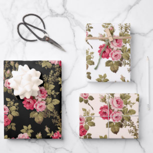 Elegante rosa Vintage Rose auf Black/White/Buff BG Geschenkpapier Set