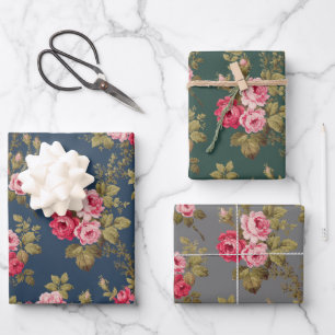 Elegante rosa Vintage Rose auf Blue/Green/Gray BG Geschenkpapier Set