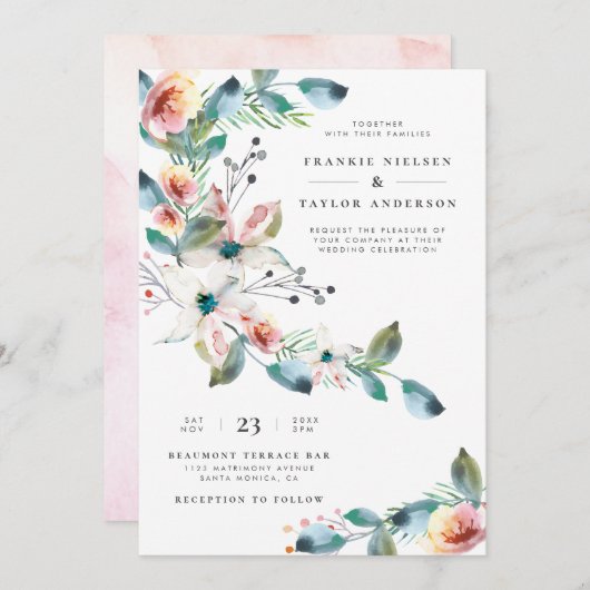 Elegante Rosa Wasserfarbe Botanische Hochzeit Einladung (Vorne/Hinten)