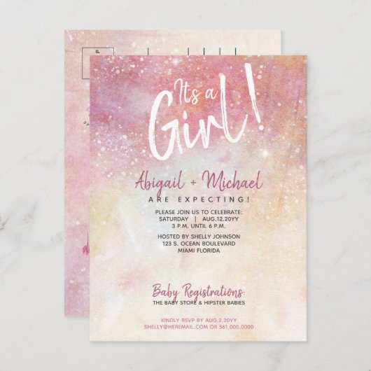 Elegante rosa Wasserfarbe Es ist eine Girl Baby Du Postkarte (Vorne/Hinten)