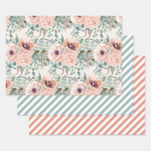 Elegante rosa Wasserfarbe Floral Salbeigrün Streif Geschenkpapier Set
