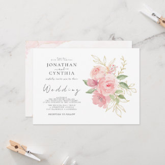 Elegante rosa Wasserfarbe goldene Blumenhochzeit Einladung