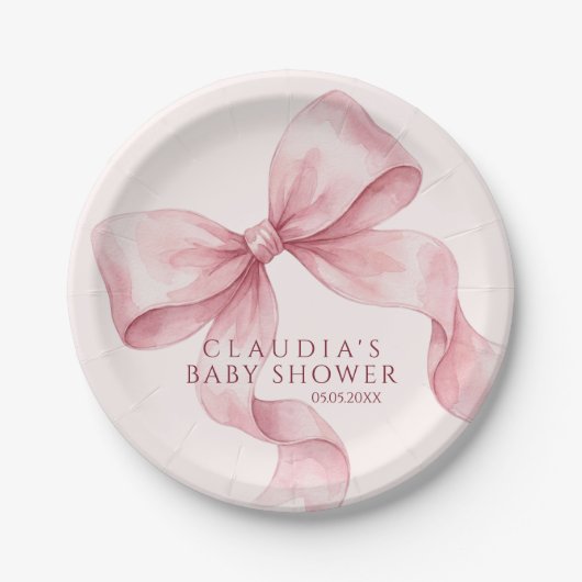 Elegante rosa Wasserfarbe Schleife Babyparty Pappteller (Vorderseite)