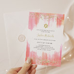 Elegante rosa Wasserfarbe und Gold | Bat Mitzvah Einladung<br><div class="desc">Diese wunderschönen und eleganten Einladungen von Bat Mitzvah sind mit trendigen Aquarellstrichen in femininen Rosa-,  Korallen- und Orangetönen gestaltet. Imitate mit goldenem Glitzer sehen konfetti und ein Star of David aus.</div>