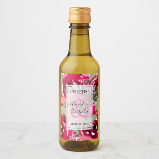 Elegante Rosa Wasserfarben Bläserne Hochzeit Mini Weinetikett (Vorderseite)