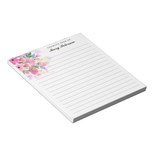 Elegante, rosa Wasserfarben Blume Personalisiert Notizblock (angewinkelt)