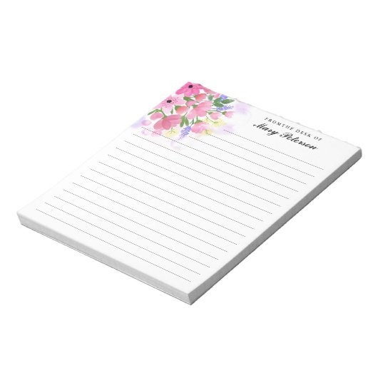 Elegante, rosa Wasserfarben Blume Personalisiert Notizblock (Rotiert)