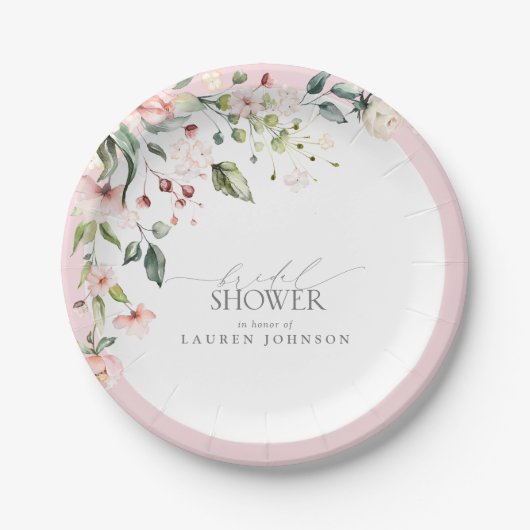 Elegante rosa Wasserfarben-Blumen-Brautparty Pappteller (Vorderseite)