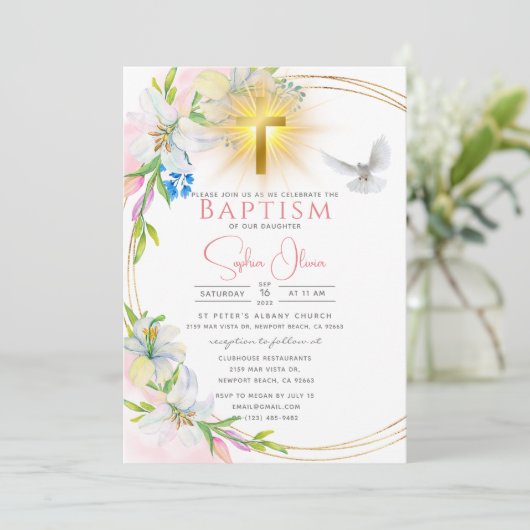 Elegante rosa Wasserfarben Florentiner Girl Taufe Einladung (Stehend Vorderseite)