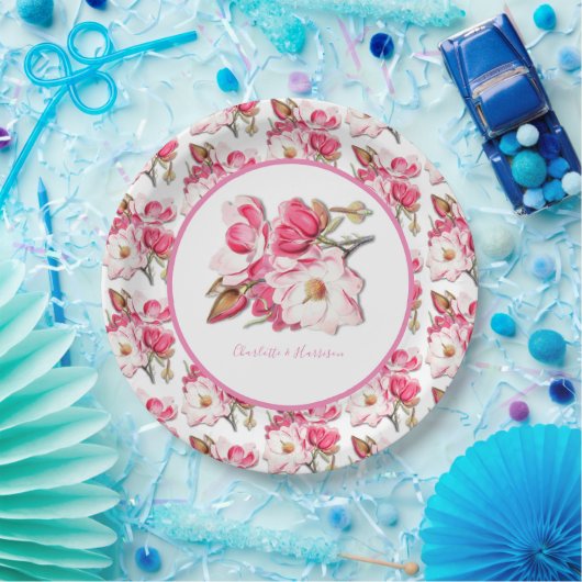 Elegante Rosa Wasserfarben Magnolia Hochzeit Pappteller (Party)