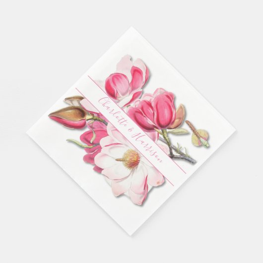 Elegante Rosa Wasserfarben Magnolia Hochzeit Serviette (Ecke)