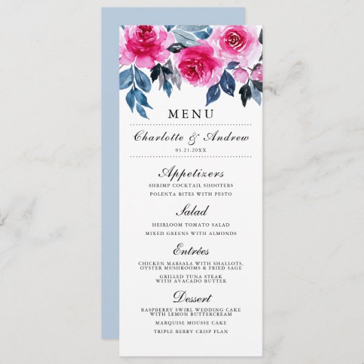 Elegante Rosa Watercolor Blumenhochzeit Menükarte (Vorne/Hinten)