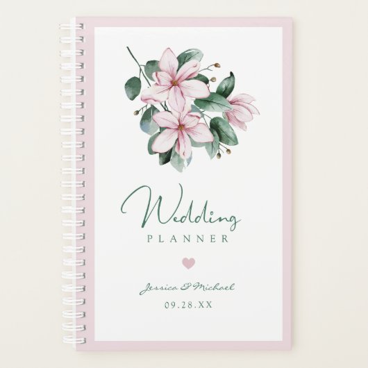 Elegante Rosa Watercolor Magnolia Hochzeit der Blu Planer (Vorderseite)