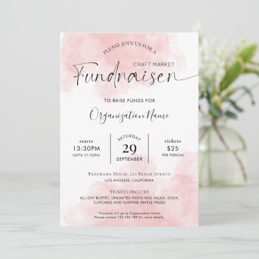 Elegante Rosa Watercolor Script Fundraiser Gala Einladung (Stehend Vorderseite)