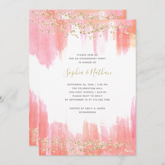 Elegante rosa Watercolor und Gold Engagement Party Einladung (Vorne/Hinten)