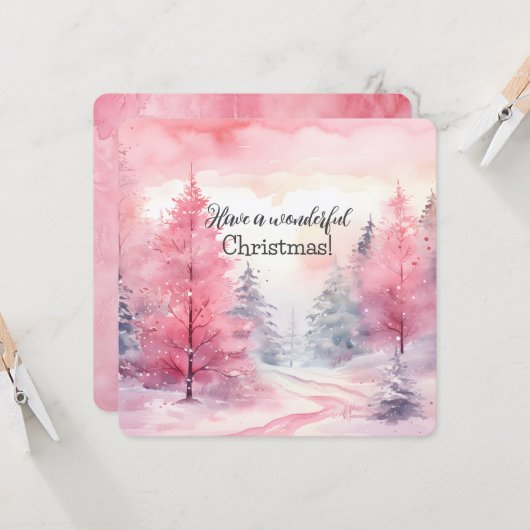 Elegante Rosa Weihnachtsbaumszene im Winter Karte (Vorderseite/Rückseite Beispiel)