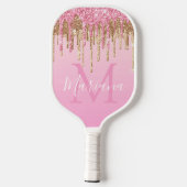 elegante Rosa-Weiß-Goldtropfen Glitzer Luxus Pickleball Schläger (Rückseite)