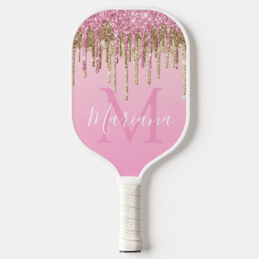 elegante Rosa-Weiß-Goldtropfen Glitzer Luxus Pickleball Schläger (Vorderseite)