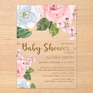 Elegante rosa weiße florale Rosen Schriftzug Babyp Acryleinladungen