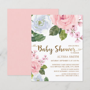 Elegante rosa weiße florale Rosen Schriftzug Babyp Einladung