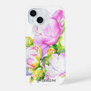 Elegante rosa weiße Pfingstrose Wasserfarbe iPhone 15 Hülle