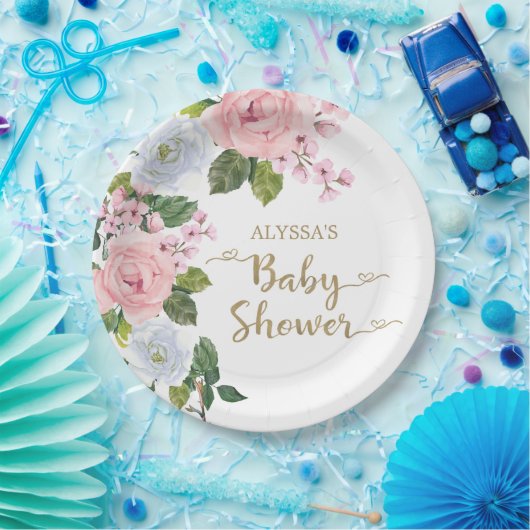 Elegante Rosa Weiße Rose Script Babydusche Pappteller (Party)