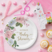 Elegante Rosa Weiße Rose Script Babydusche Pappteller (Party)